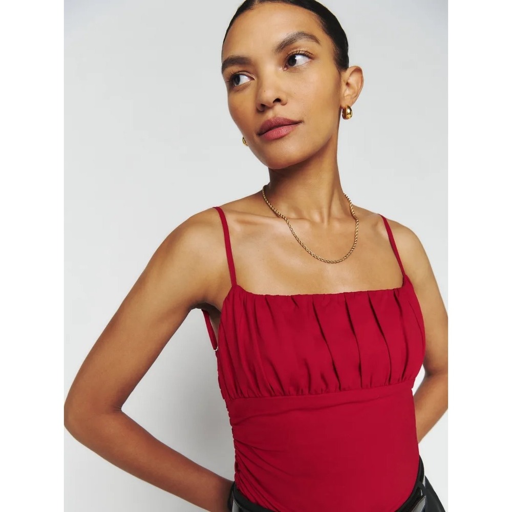 Reformation Tiana Cotton Ruched Low Back Bustier Top Lipstick Red 6 Chic